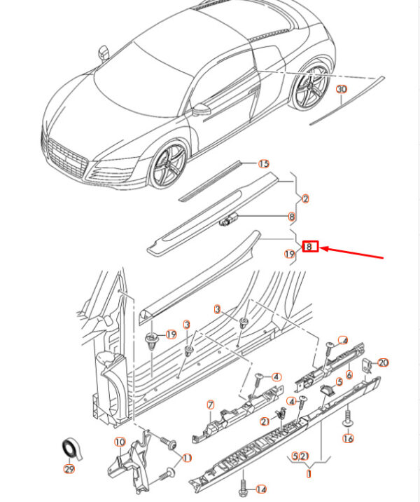 420853905A6PS - NEW AUDI R8 42 LEFT INNER DOOR SILL TRIM STRIP 420853905A6PS ORIGINAL