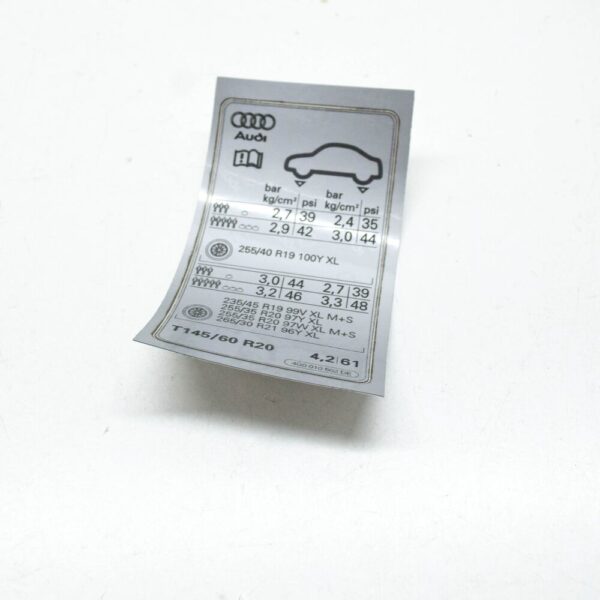 4G0010502DE - NEW AUDI A6 AVANT C7 TYRE INFLATION PRESSURE LABEL 4G0010502DE ORIGINAL