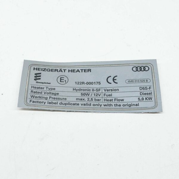 4M0010525B - NEW AUDI Q7 4M VEHICLE DATA TAG FOR AUXILIARY HEATER 4M0010525B ORIGINAL