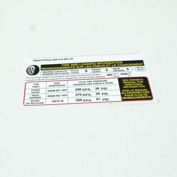 80A010502AA - NEW AUDI Q5 FY 80A TIRE PRESSURE DATA PLATE 80A010502AAA ORIGINAL
