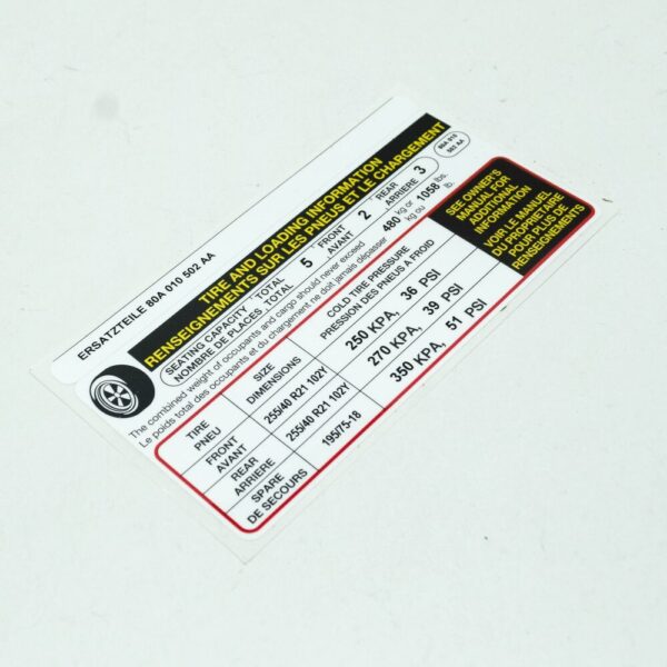 80A010502AA - NEW AUDI Q5 FY 80A TIRE PRESSURE DATA PLATE 80A010502AAA ORIGINAL