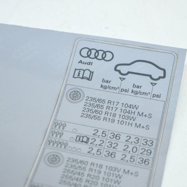 80A010502L - NEW AUDI Q5 FY 80A TYRE PRESSURE DATA PLATE STICKER 80A010502L ORIGINAL
