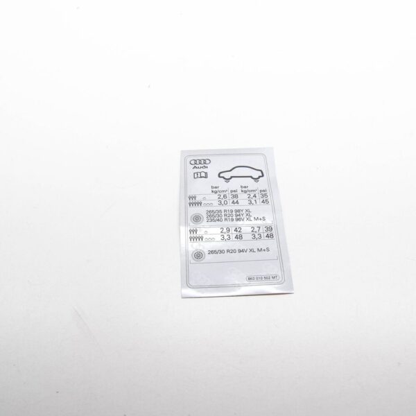 8K0010502MT - AUDI RS4 B8 Tyre Pressure Data Plate 8K0010502MT NEW GENUINE
