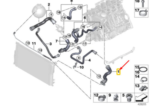 17127619684 - NEW BMW 5 F10 UPPER WATER COOLANT RADIATOR HOSE 17127619684 7619684 ORIGINAL