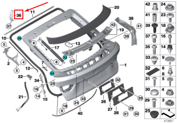41007378117 - BMW 4 F36 trunk lid left mounted gas pressure spring 7378117 41007378117