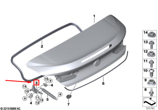 41007417338 - NEW BMW 8 CABRIO G14, F91 RIGHT TRUNK LID HINGE 41007417338 7417338 ORIGINAL