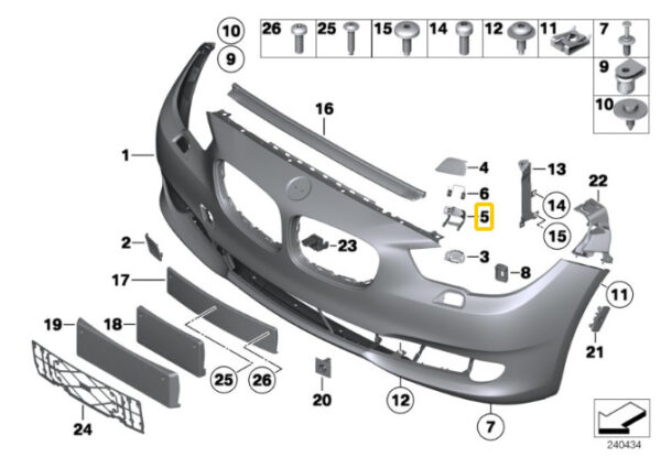 51117128696 - NEW BMW 5 SERIES F07 GT FRONT BUMPER GRILLE LEVER RIGHT O/S 7128696 10-16