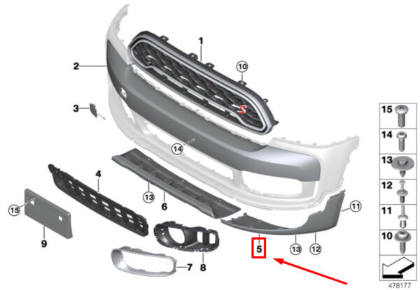 51117405390 - NEW MINI COMPATRIOT F60 FRONT RIGHT BUMPER SPOILER 51117405390 7405390