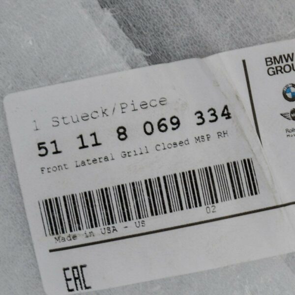 51118069334 - NEW BMW X6 F16 M SPORT 2013-2018 FRONT RIGHT CLOSED GRILLE 8069334