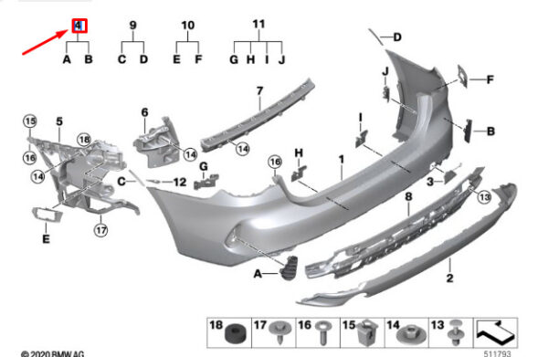 51129854827 - BMW 4 COUPE G22 REAR BUMPER GRILLE SET 51129854827, NEW, GENUINE