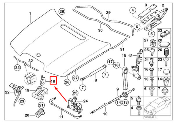 51237133636 - BMW 7 Series E65, E66 hood lock catch mount 512371336 7133636 NEW ORIGINAL