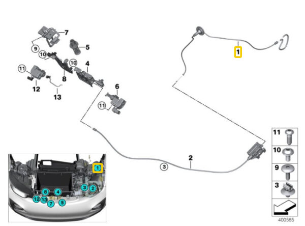 51237299165 - NEW BMW I3 I03 LCI REAR BONNET HOOD LOCK CABLE LATCH 7299165 14-19 GENUINE