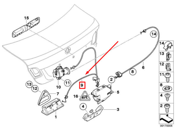 51247238649 - BMW 3 E90 trunk lid unlocking cable 51247238649 7238649 NEW ORIGINAL