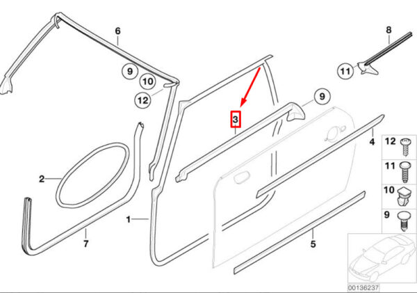 51337039866 - NEW MINI CONVERTIBLE R52 FRONT INNER RIGHT DOOR GASKET STRIPS 5133703966
