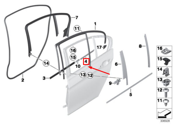 51347263269 - BMW 3-SERIES F30 / LCI F31 / LCI F80 / LCI REAR DOOR WINDOW GASKET 7263269 12-18