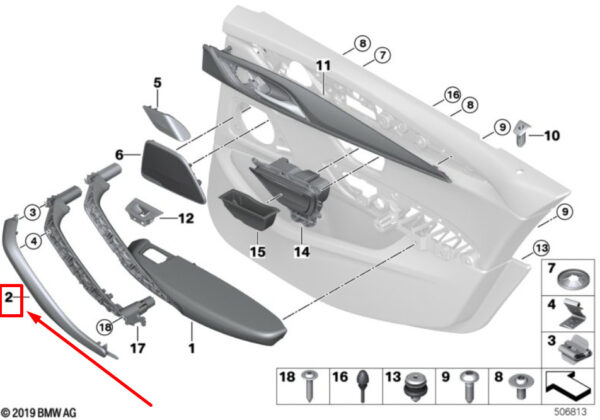 51417438533 - BMW 5 G30 door trim rear left pull belt 51417438533 7438533 NEW ORIGINAL