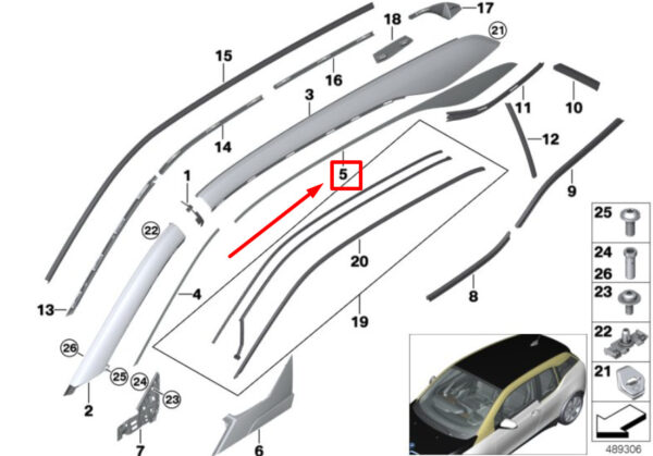 51447472942 - NEW BMW I3 I01 RIGHT DECORATIVE FOIL ROOF FRAME 7472942 51447472942 ORIGINAL