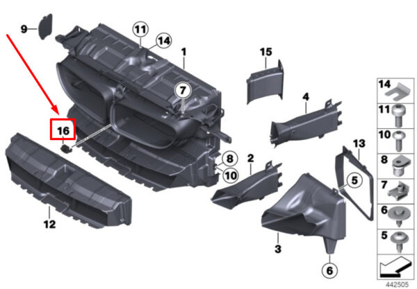 51647268393 - BMW 6 convertible F12 duct holder front bottom 7268393 51647268393 NEW ORIGINAL