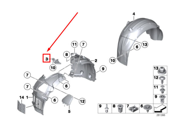 51717203489 - BMW 7 F01, F02 left fender holder mount 7203489 517203489 NEW ORIGINAL