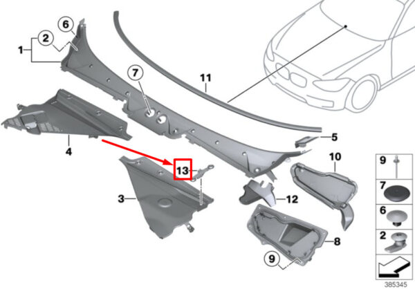 51717402089 - BMW 2 convertible F23 bonnet trim left leaf grille 51717402089 7402089