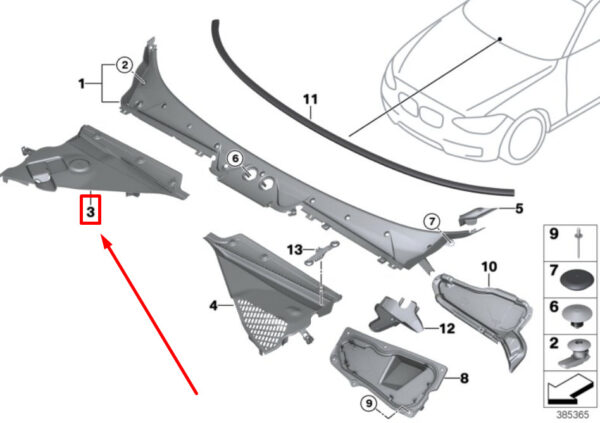 51717405637 - BMW 2 F22 Front Left Windshield Cowl Panel Cover 7405637 51717405637 NEW GENUINE