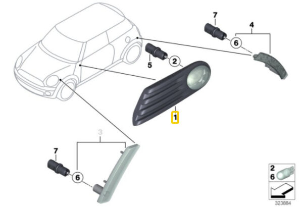 63137260201 - MINI New R55 R56 R57 R58 R59 Side Marker Signal And Grille Yellow Left 7260201