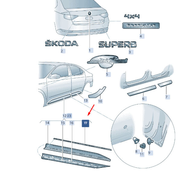 3V0853526B041 - NEW ŠKODA SUPERB MK3 REAR RIGHT WING PROTECTIVE STRIPS 3V0853526B041 ORIGINAL