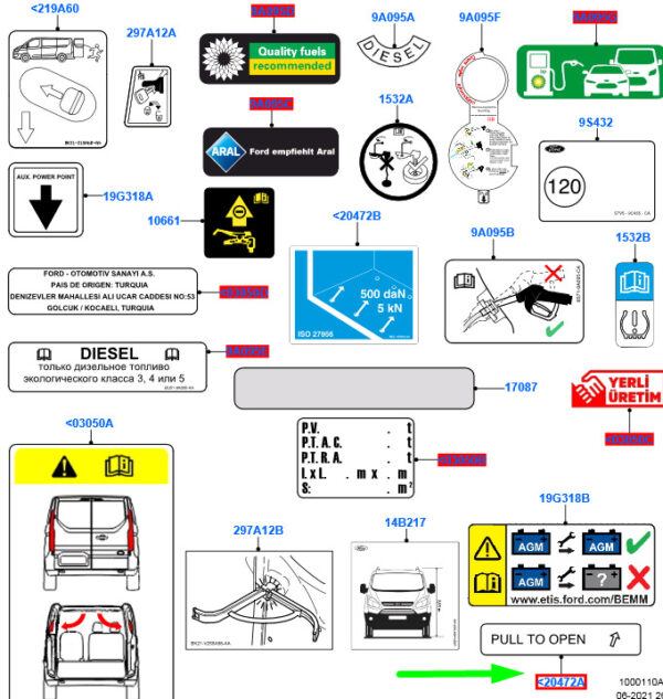 4447038 - NEW FORD TOURNEO CUSTOM PULL TO OPEN INSTRUCTION STICKER 4447038 ORIGINAL