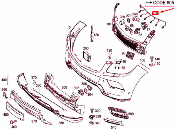 A1664408613 - NEW MB ML W166 FRONT BUMPER PARKTRONIC SYSTEM WIRING HARNESS A1664408613