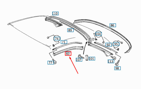 A1707900198 - New MB SLK R170 Vario Roof Lateral Front Left Seal A1707900198