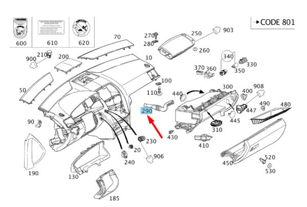 A2048310645 - MB C W204 glove compartment ventilation duct RHD A2048310645 NEW ORIGINAL