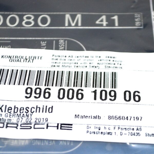 99600610906 - Porsche 911 996 Engine Specification Warning Sign 99600610906 NEW GENUINE