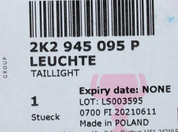 2K2945095P - NEW VOLKSWAGEN CADDY 2K REAR LEFT TAILLIGHT RHD 2K2945095P ORIGINAL