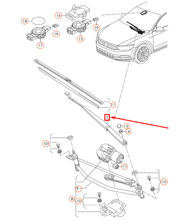 3G1955410 - NEW VOLKSWAGEN PASSAT B8 FRONT RIGHT AERO WIPER ARM LHD 3G1955410 ORIGINAL