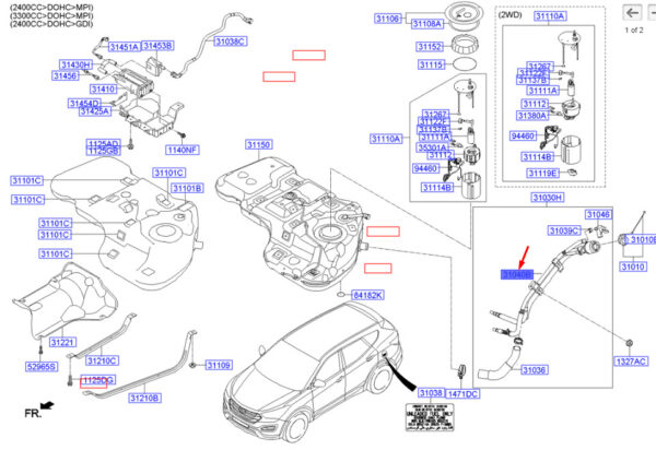 310402W000 - Hyundai Santa FE MK3 DM Fuel Tank Filler Connector 310402W000, Original